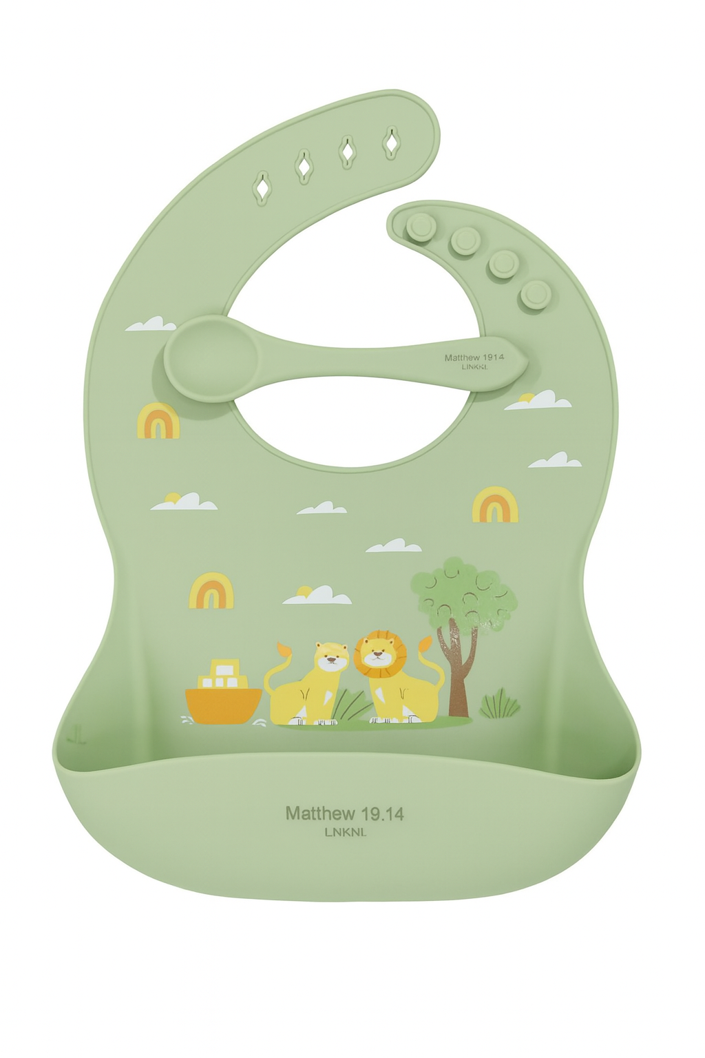 Lots of bibs and spoons on the theme of Noah’s ark