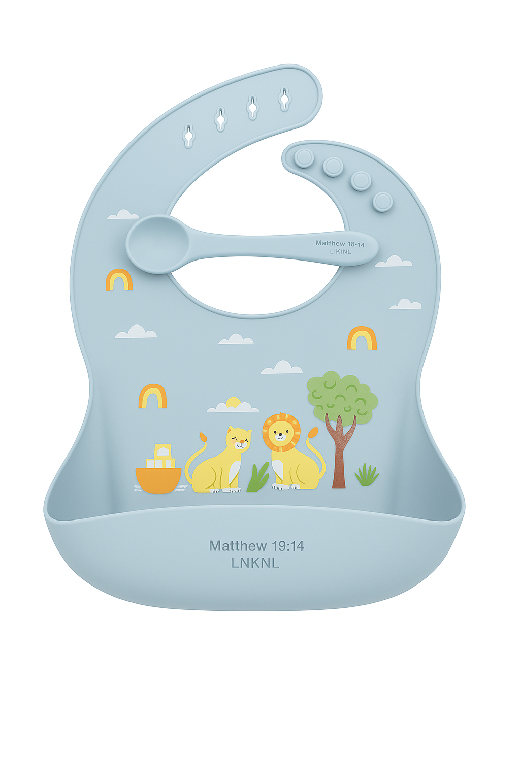Lots of bibs and spoons on the theme of Noah’s ark